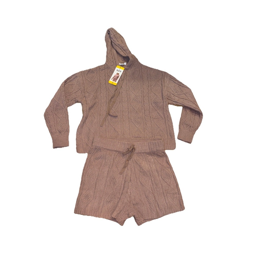 2-pc Hoodie‎ & Short Pajama Lounge Set Plush soft Fluffy Taupe Brown Bark Medium